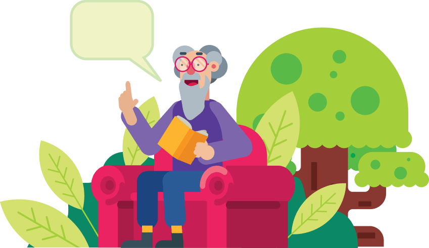 Illustration: An old man with a book in his hand telling a story in an armchair in front of some bushes and a tree