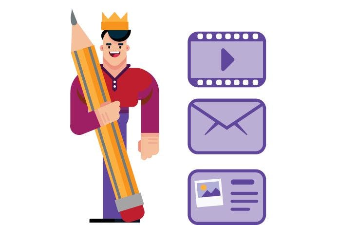König mit einem Bleistift in der Hand, daneben ein Video Icon, ein Email Icon und ein Text und Bild Icon.