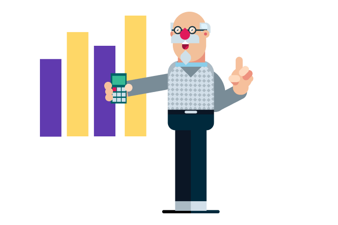 Ein altermann mit einem Taschenrechner steht vor einer statistischen Grafik und hebt seinen Zeigefinger.
