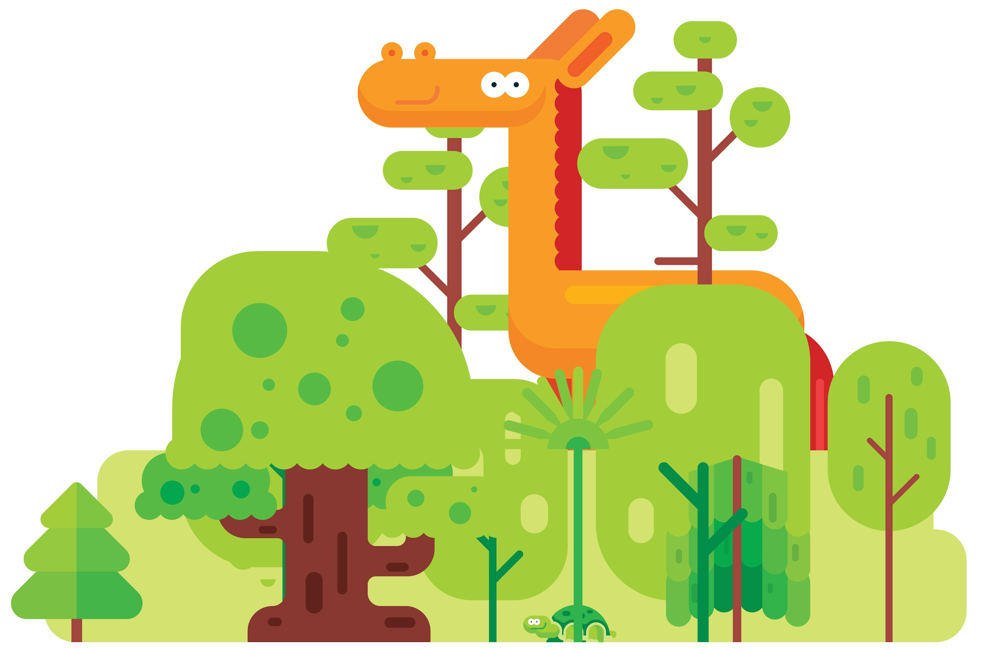 Illustration - Gefunden Werden. eine Giraffe schaut aus dem Blätterdach eines Dschungels.