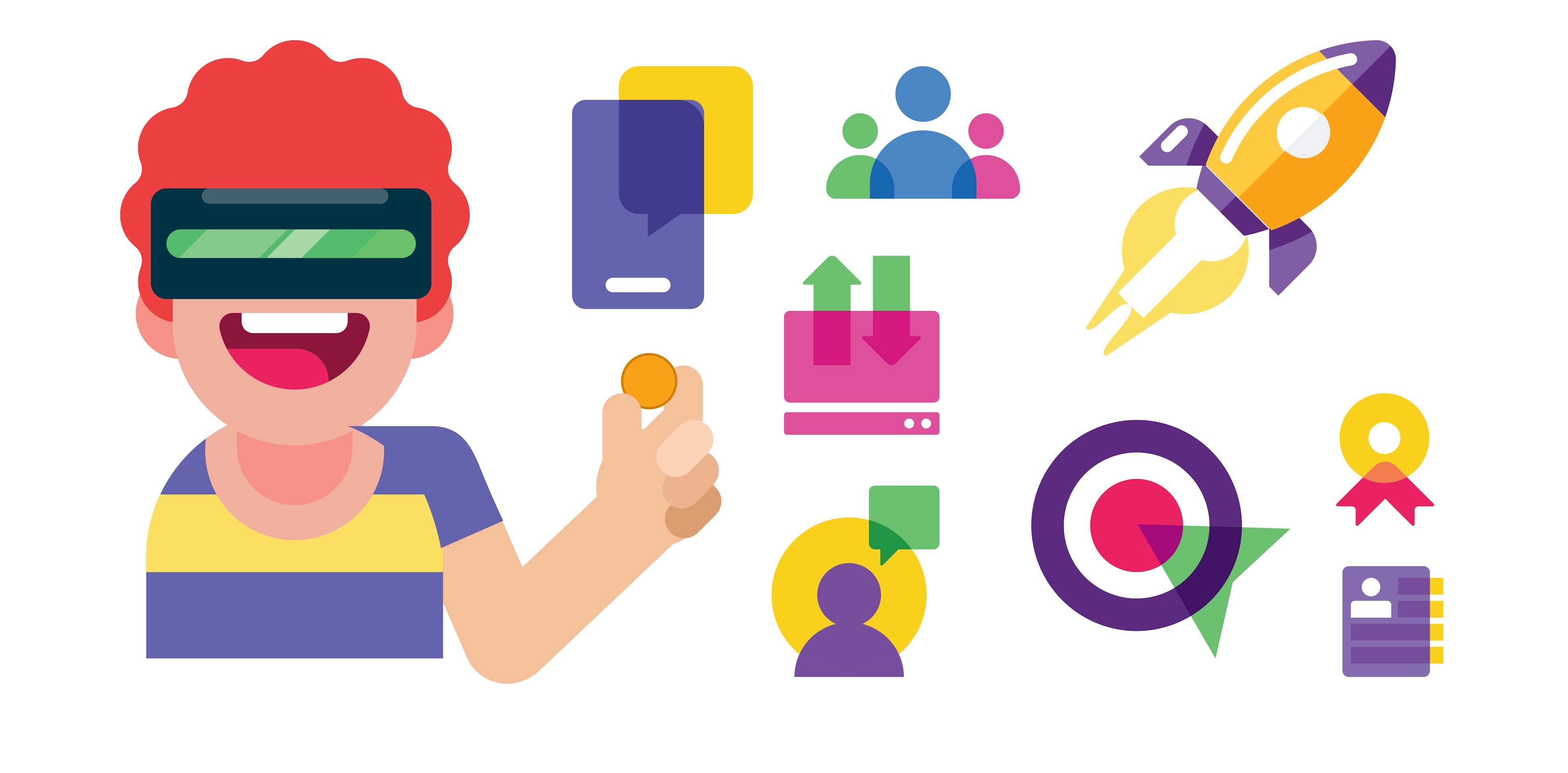 Kontrolle und Flexibilität Illustration - Founder mit VR Brille und  einem Penny in der Hand und Icons: Targeting, Threads. Users, Certificates, Targeting, und eine Rakete, die abhebt.