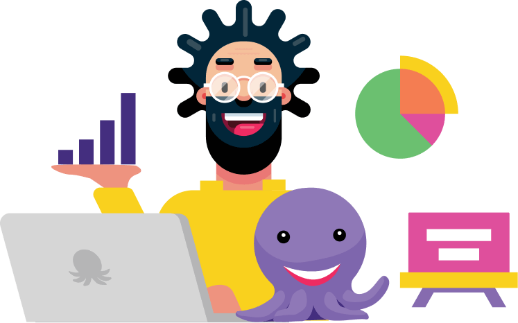 Illustration of a hipster and an octopus sitting in front of a laptop. The hipster holds up a bar chart. The octopus points toward a reporting sheet