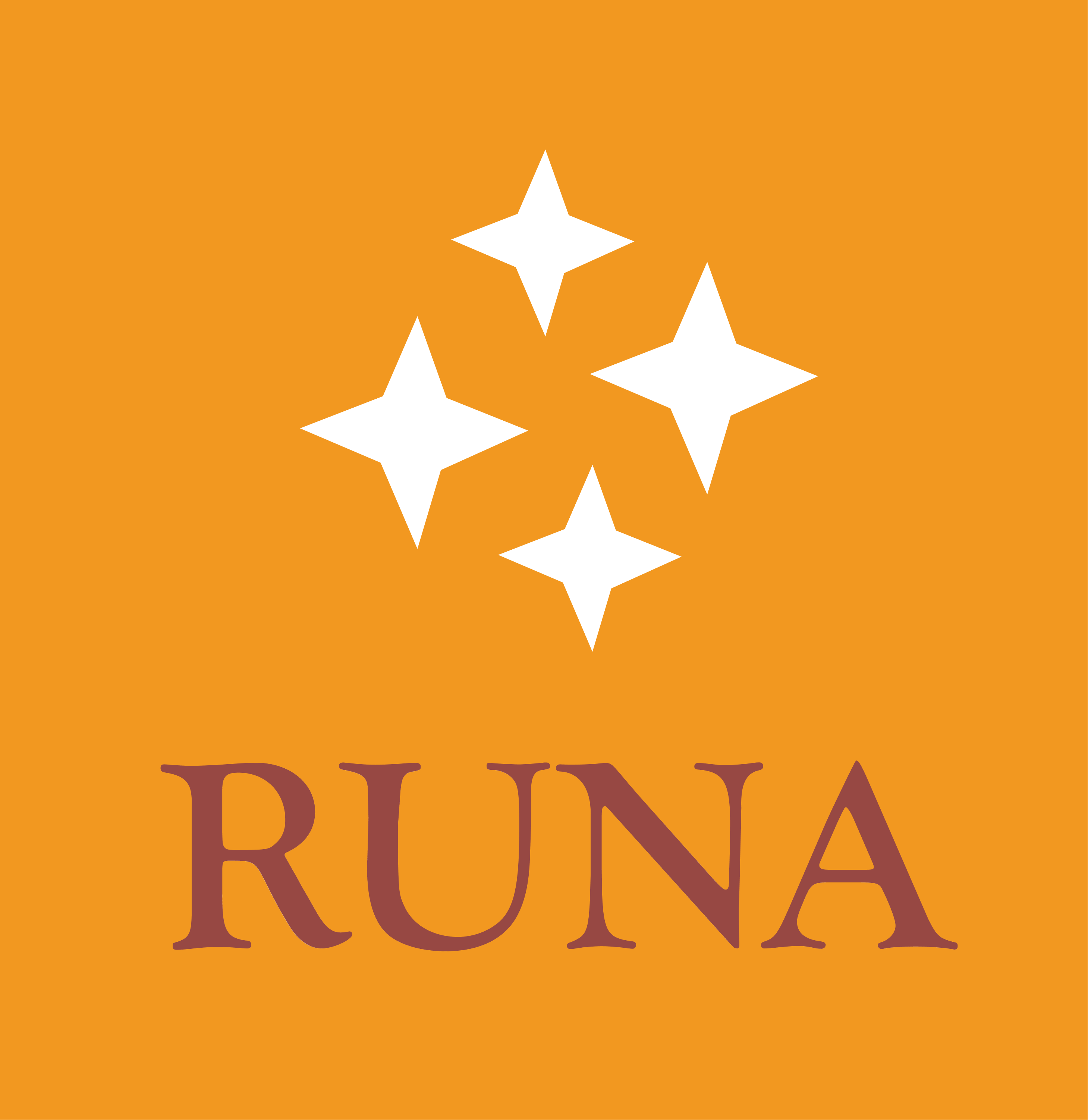 Runa Reisen Logo - Vier weiße Sterne auf orangem Hindtergrund mit Rotem Runa Reisen Schriftzug