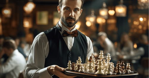 Ein Kellner serviert Schach - und repräsentiert damit unsere Dienstleistung: strategisch durchdachtes Marketing das sofort wirkt und schmeckt!