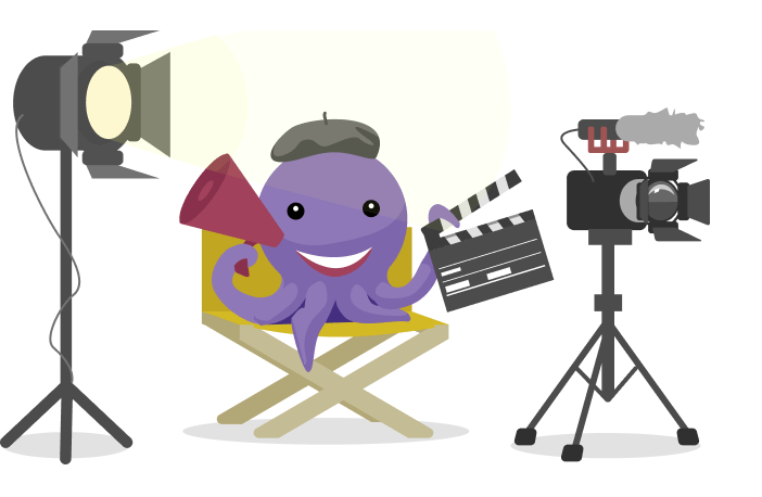 Der McGrinsey Oktopus sitzt auf einem Regiestuhl, im linken Tentakel eine Filmklappe, in der Rechten ein Megafon. Dazu sieht man ein Licht und eine Kamera