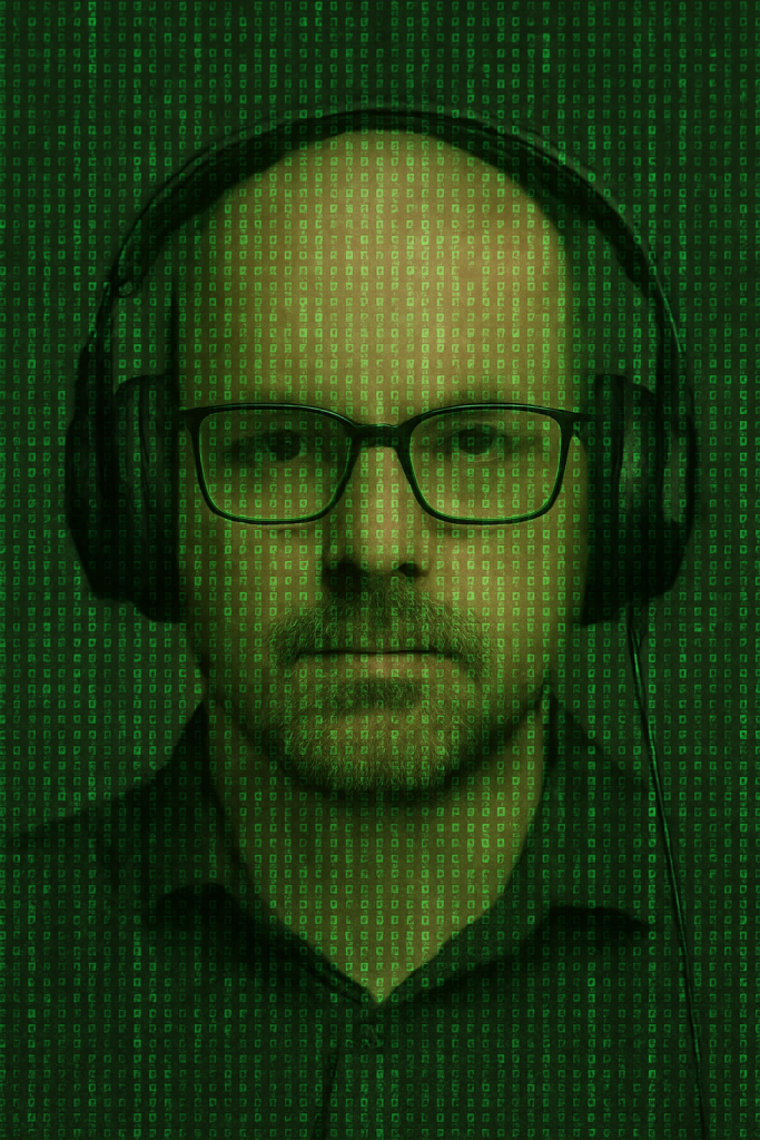 Porträtbild mit ASCII-Matrix-Overlay