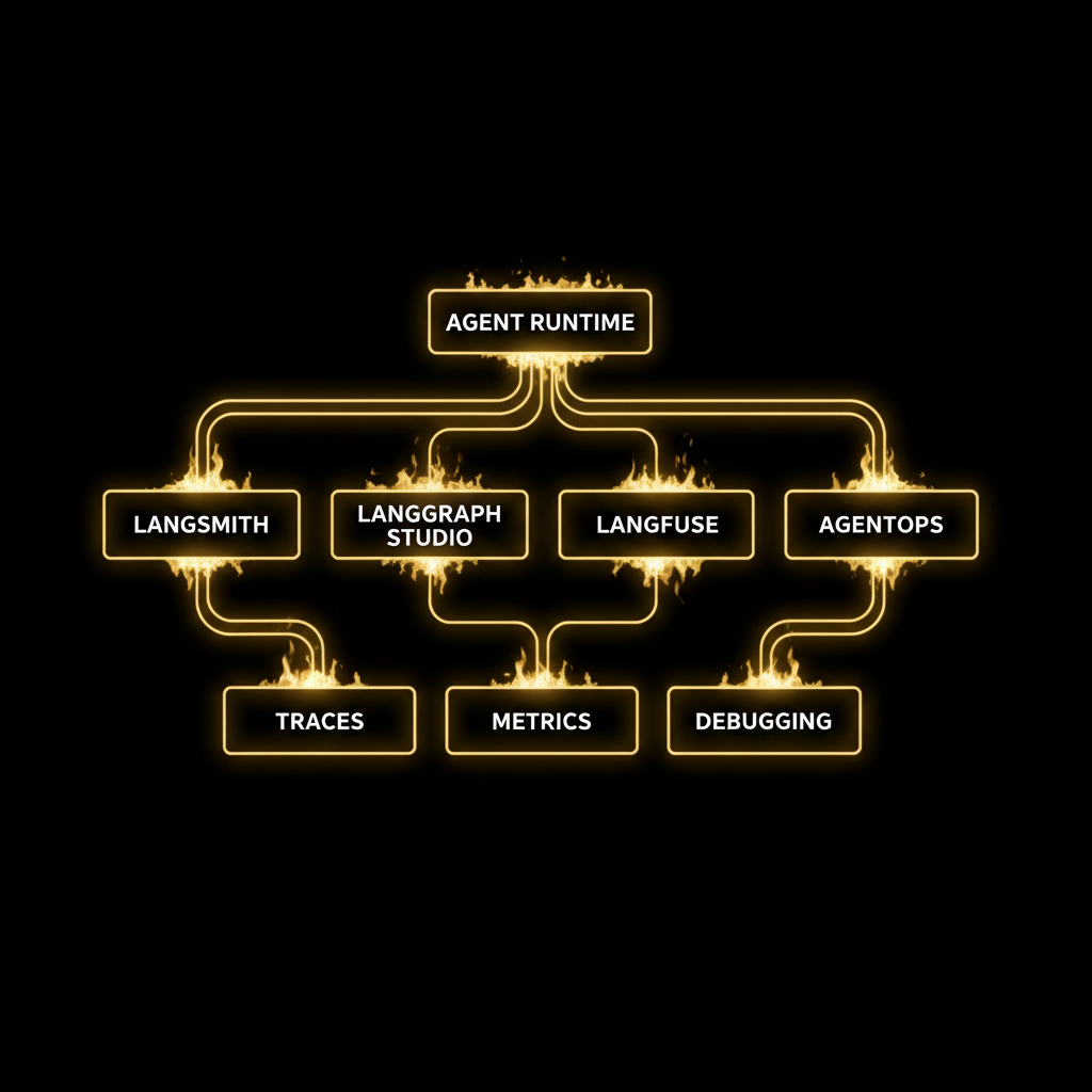 Flowchart showing AI Agent Observability tools: LangSmith, LangGraph Studio, Langfuse, AgentOps connected to Agent Runtime, with Traces, Metrics and Debugging below